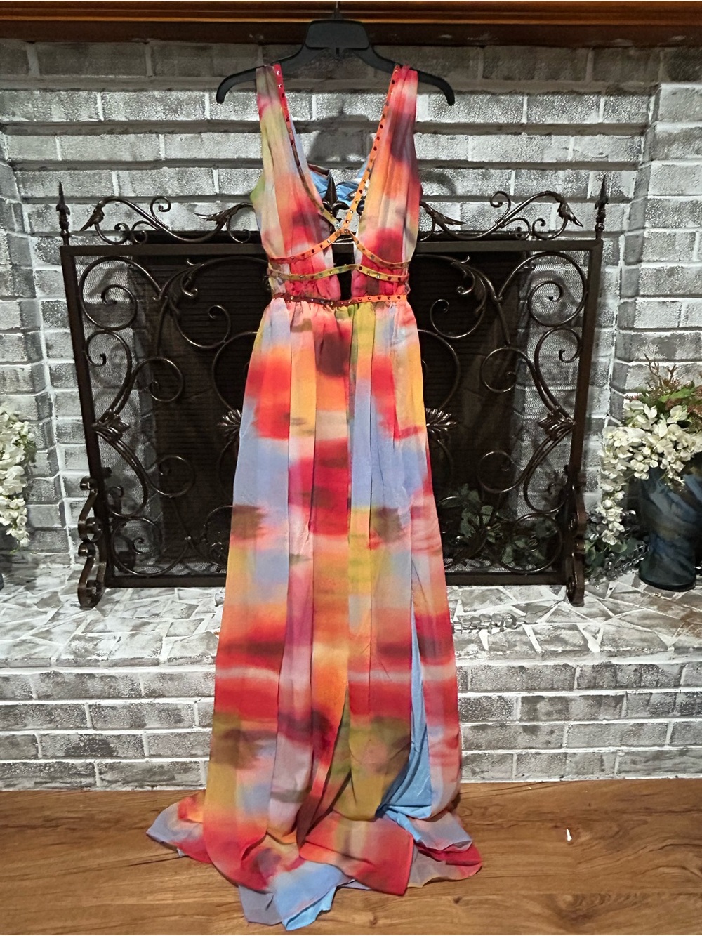 Bella Barnett Vibrant Multi-Color Watercolor Maxi Dress with Plunging Neck